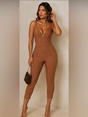 House of CB Sculpting Corset Catsuit Brown Zip Up Jumpsuit S
